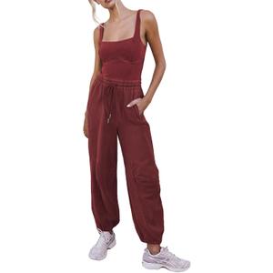 Women's Sleeveless Summer Jumpsuit Square Neck Drawstring Waist Long Romper Jumpers 2025 with Pockets Extra Large, Maroon Red