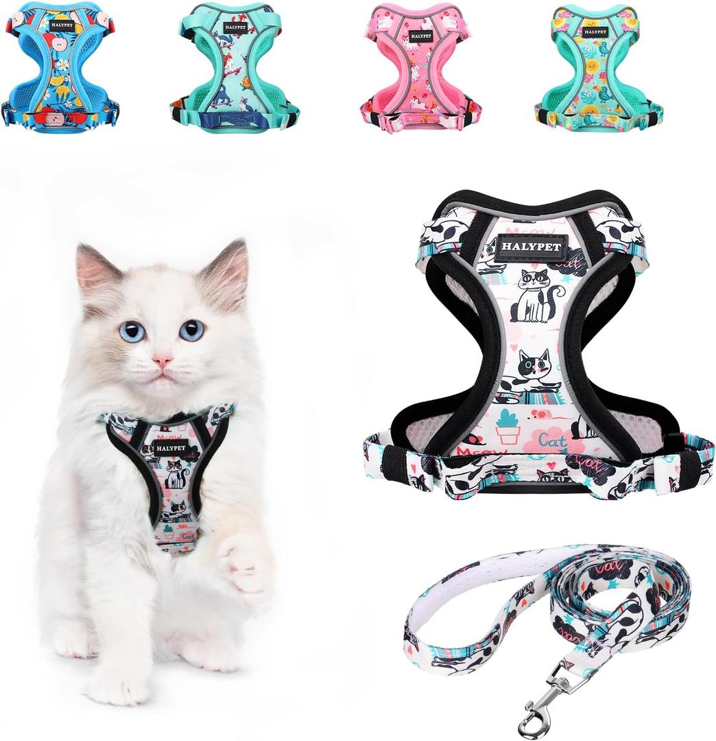 Halypet Cat Harness and Leash Set[MAX Safety 4th-Gen] Cute Escape Proof Vest Harness for Girl&Boy Cat Walking, Comfortable Adjustable Leash and Reflective Strips for Outdoor Kitten, XS Inky Meowy (X-Small (4-6lb), H603 Pro Inky Meowy)