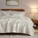 palassio Striped Beige 100% Cotton Quilt Queen Size Bedding Sets, Lightweight Crinkly Channel Pick Stitch Textured Bedspread Soft Shabby Chic Farmhouse Country Coverlet for All Season, 2 Shams