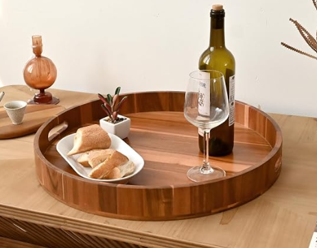 20 Inch Extra Large Round Serving Tray HeavyDuty Acacia Wood Tray for Oversized Ottoman Coffee Table and Counter Giant Decorative Organizational Tray Extensive Kitchen Serveware