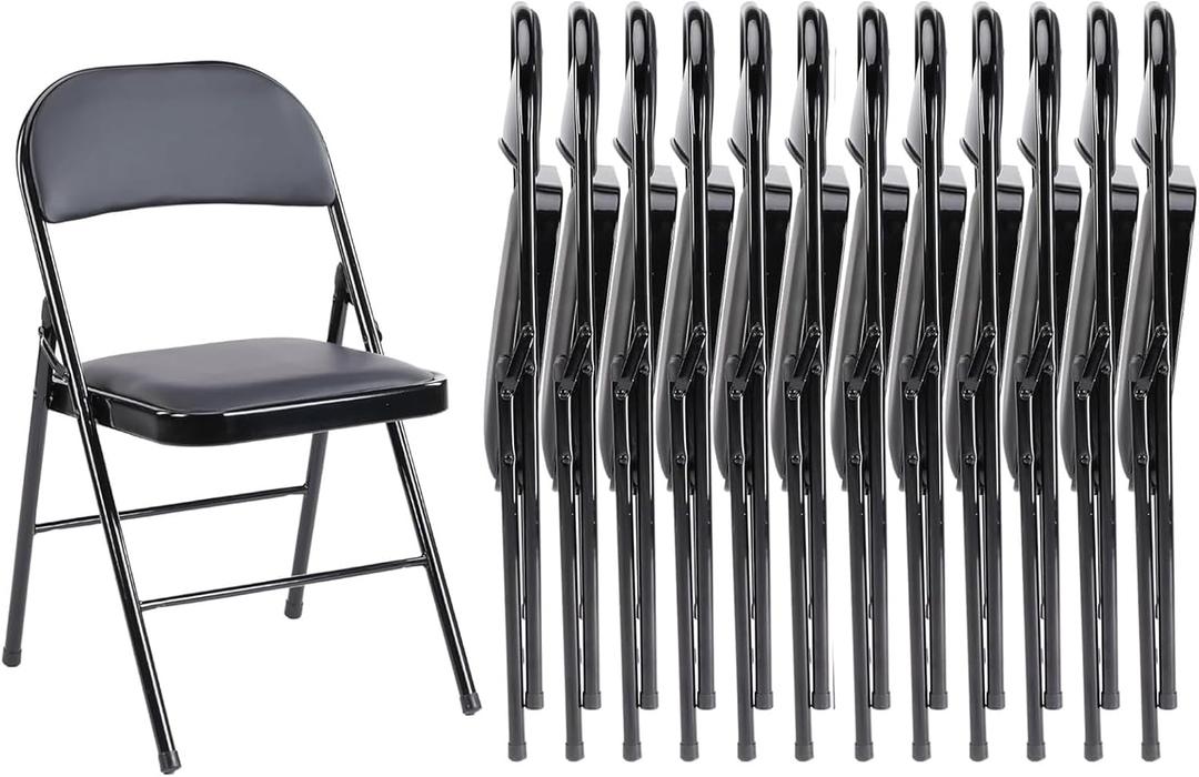 Sweetcrispy Folding Chair 12 Pack, Leather Padded Folding Chairs, Sturdy Metal Foldable Chairs, Easy to Use and Store, Outdoor and Indoor, for Home, Office, Party, Comfy (Black)