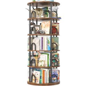 Aheaplus 5 Tier Rotating Bookshelf Tower, Revolving Bookcase, Rustic Brown, 5 Tier, 63" H