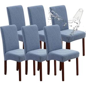 Genina Waterproof Chair Covers for Dining Room, Stretch Jacquard Dining Chair Slipcovers Removable Washable Chair Protector for Kitchen, Hotel, Restaurant (Leaves-Light Blue, 6 PCS)