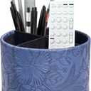 Hennaja Round Leather Art Supply Organizer,Remote Control Holder,360 Degree Spinning,Multi-Functional Pencil Holder,4 Compartments Desktop Stationary Organizer(Carved Blue)