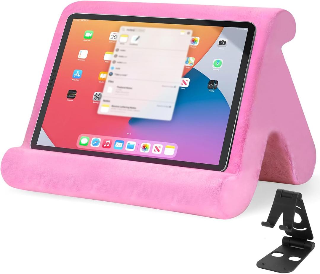 Universal Multi-Angle Tablet Stand Holder-Soft Pad Stand with black phone holder for Lap,Knee,Sofa and Bed,Compatible with iPad Pro 9.7,10.5,12.9 Air Mini 4 3,Kindle,Galaxy Tab,E-Reader (Pink)