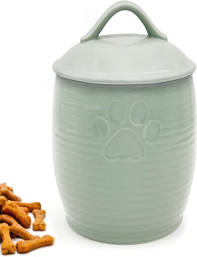 Large Dog Treat Container Airtight, Cute Dog Treat Jar with Lids,Rustic Dog Treat Storage Container, Ceramic Cat Food Jars for Kitchen Counter, Green