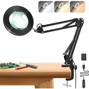 10X Magnifying Glass with Light and Clamp, ZAPLIT 4.3” Real Glass Lens Magnifier Desk Lamp, Metal Swing Arm LED Ring Light with 3 Color Modes & 10 Brightness Levels for Crafts Painting Nail Art Repair
