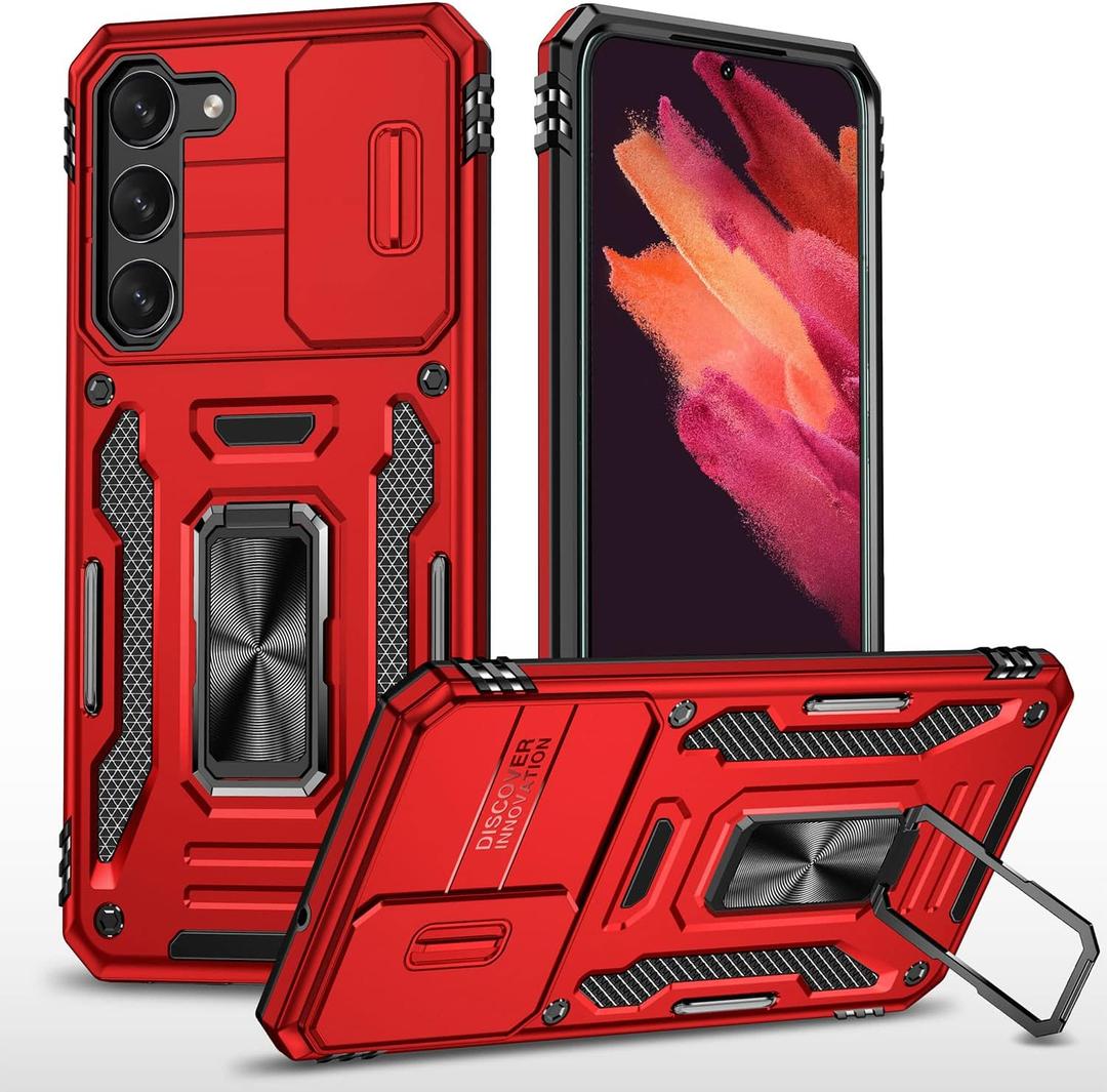 Case for Samsung S23 Phone Case Samsung Galaxy S23 Case with Camera Lens Cover, with Ring Holder Kickstand, fit Magnetic Car Mount, for Samsung Galaxy S23 (Red)