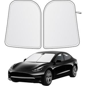 EcoNour Two-Piece Foldable Front Windshield Sun Shade for Tesla Model 3 & Y 20172026, 240T Reflective UV & Heat Protection, Storage Pouch Included, Custom Fit with Upgraded Design