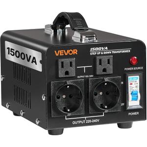 VEVOR Voltage Converter Transformer, 1500VA, Heavy Duty Step Up/Down Power Transformer, Convert from 110V to 220V and 220V to 110V, with EU Outlets, US Outlets, Power Cord, Circuit Breaker Protection