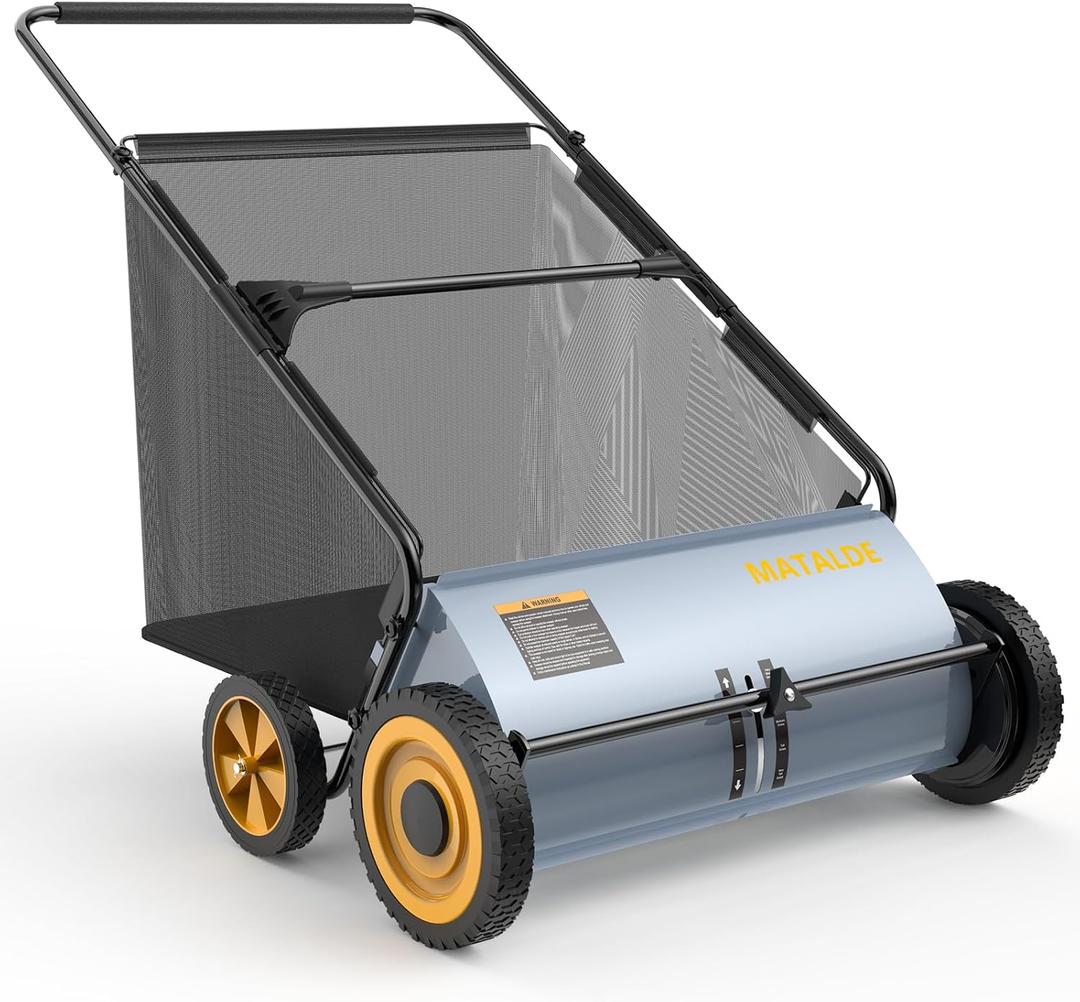 26" Push Lawn Sweeper - New Upgraded 4 Wheels, Durable All-Steel Base