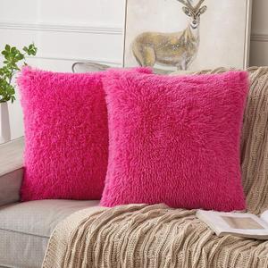 ANRODUO Pack of 2 Hot Pink Throw Pillow Covers Luxury Fluffy Pillows Faux Fur Decorative Pillows Plush Cushion Case Fuzzy Mongolian Merin Style for Bed Couch Sofa Living Room Spring Decor 18x18 Inch