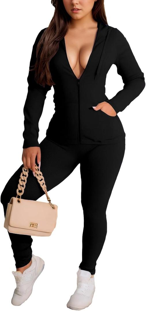YeGine Women 2 Piece Outfits Long Sleeve Tracksuit Bodycon Matching Sets Hoodie Jacket Jogging Suit, L