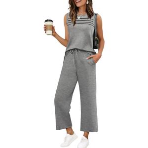 WIHOLL Two Piece Sets for Women Summer Outfits Matching Lounge Sets Wide Leg Crop Pants Vacation Travel (Medium, Gray)