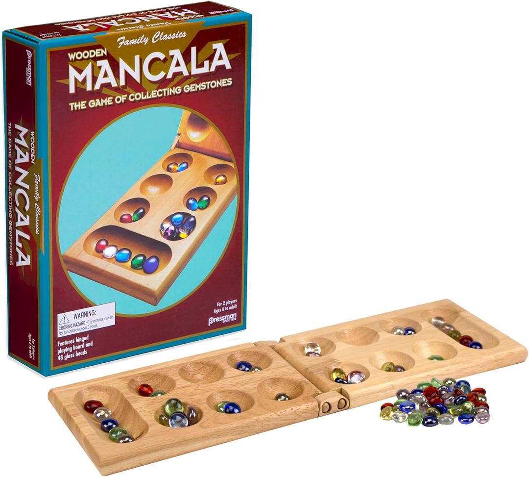 Pressman Mancala Board Game | Fun Classic Table for Adults & Kids | Includes 48 Plastic Mancala Stones and Wood Hinged Playing Board | 2 Players, Ages 6+