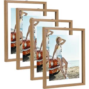 Trwcrt 4 Pack 8x10 Picture Frame, Double Glass Floating Picture Frames Display up to 10 x 12 Photos for Desktop or Wall Hanging,Natural