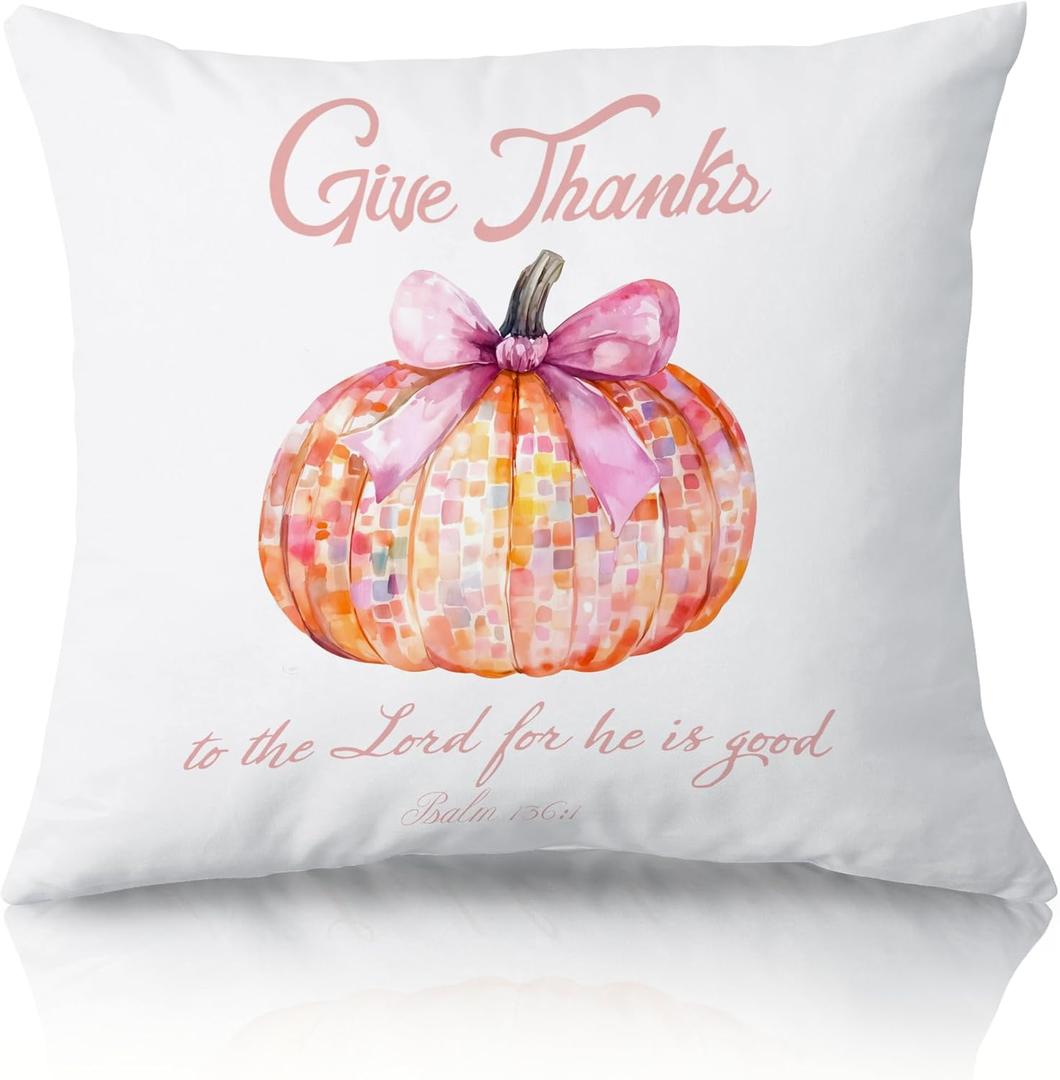 Fall Thanksgiving Pumpkin Pillow Cover 18x18 Inch Double-Sided, Biblical Verse Christian Home Decor, Gift for Church & Bible Study Group