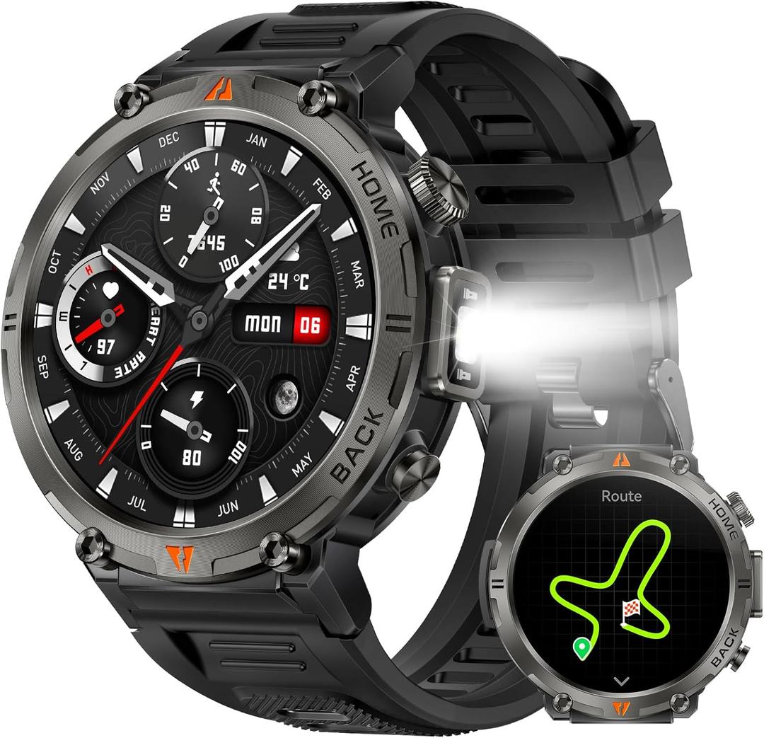 Military Smart Watches for Men Built-in GPS with LED Flashlight Compass, 3ATM Waterproof Rugged Tactical Smartwatch with Text and Call, 1.45" HD Fitness Tracker with HR SPO2 Monitor for iPhone Android (Black)