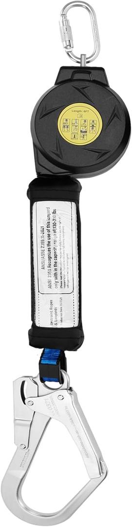 6ft Retractable Safety Lanyard, Safety Harness Fall Protection Retractable Lanyard with Rebar Hook(Big Hook), 6ft Self Retracting Lifeline for Construction Roofing