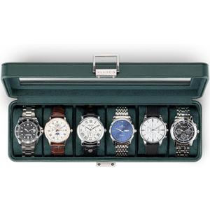 Vlando Watch Case for Men, 6-Slot Watch Box with Glass Lid, Lockable, Business Lychee Leather, Soft Pillow, Gift for Fathers, Husband, Friend - Dark Green