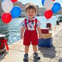 Dewadbow Baby Boy 4th of July Outfit Patriotic Dinosaur Short Sleeve Gentleman Button Up Shirt Suspender Shorts Toddler Suit (Red, 6-12 Months) (White)