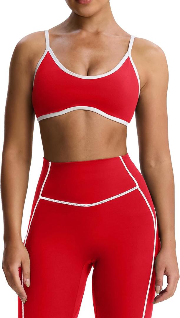 Aoxjox Women's Color Block Workout Sports Bras Fitness Lexi Lined Strappy Bra Athletic Yoga Crop Tank (Racing Red/White) Small
