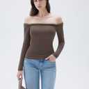 SUUKSESS Women Padded Off The Shoulder Tops Double Lined Going Out Fitted Basic Fall Shirts (Brown, M)