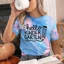 Hello Kindergarten Teacher Shirt Women First Day of Kindergarten Shirt Casual Short Sleeve Tee Top Blouse Blue Pink (M)