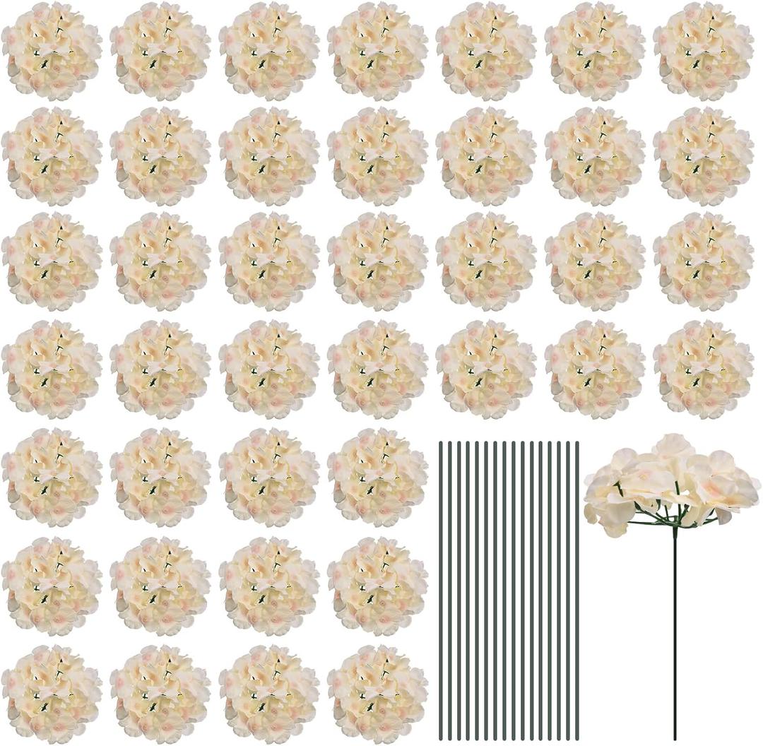 MECCANIXITY Silk Artificial Hydrangea Flowers, Champagne Artificial Flowers Heads with Stems, Full Hydrangea Flowers for Wedding Centerpieces, Party Decoration, 64 Set