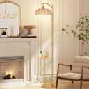 QIYIZM Gold Floor Lamp with Table and Shelves for Living Room Bedroom,Glass Standing Lamp with Remote Dimmable,Boho Brass Tall Lamp Vintage Farmhouse Arc Flower Floor Light Bohemian
