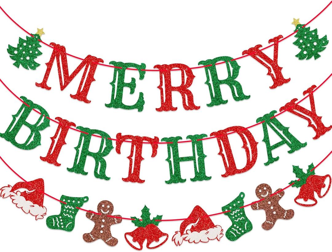 Merry Birthday Banner, Pre-Strung Christmas Birthday Party Decorations, Christmas Party Banner, Red and Green Glitter