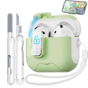 2 x for AirPods 4 Case【Built in Phone Stand】 Secure Lock Case Compatible with Apple Airpods 4th Generation 2024, Drop-Proof Hard Case Cover with Cleaner and Keychain for Women Girly (Pistachio Green)