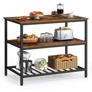 VASAGLE Kitchen Island with 3 Shelves, 39.4 Inches Width Kitchen Shelf with Large Worktop, Stable Steel Structure, Industrial, Easy to Assemble, Rustic Brown and Black UKKI005B01, 39.4"W x 35.4"H