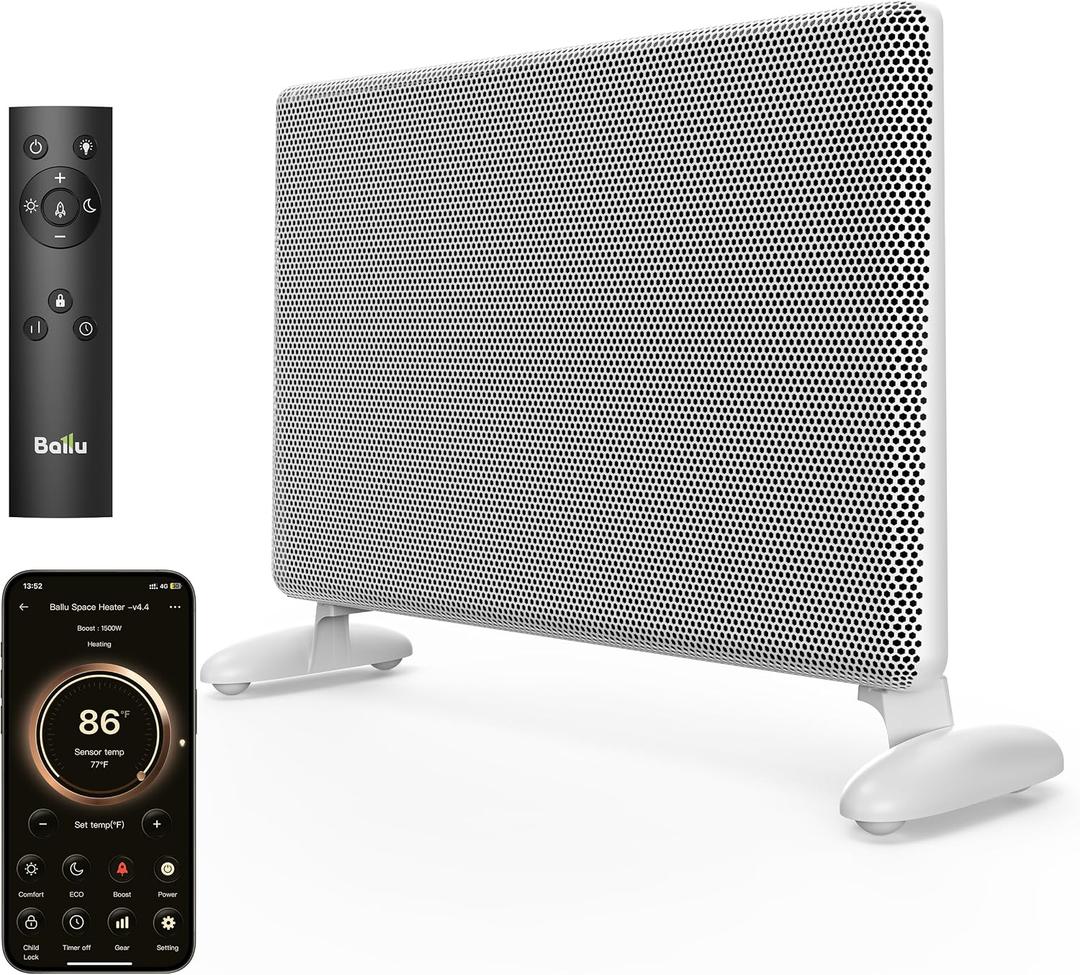 Ballu Mica Infrared Space Heater Indoor Use,Large Room Panel Heater with Programmable Thermostat,WiFi App Control,Portable Stand or Wall Mount,Energy Efficient Smart Quiet Heater,Work with Alexa,White