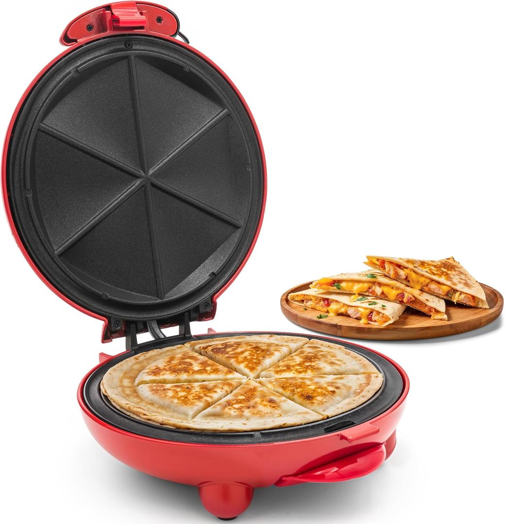 Elite Gourmet EQD-413 Electric Non-Stick 8" Quesadilla Maker, Easy-Slice 6-Wedge, Grilled Cheese Corn Flour Tortilla Snacks, Red