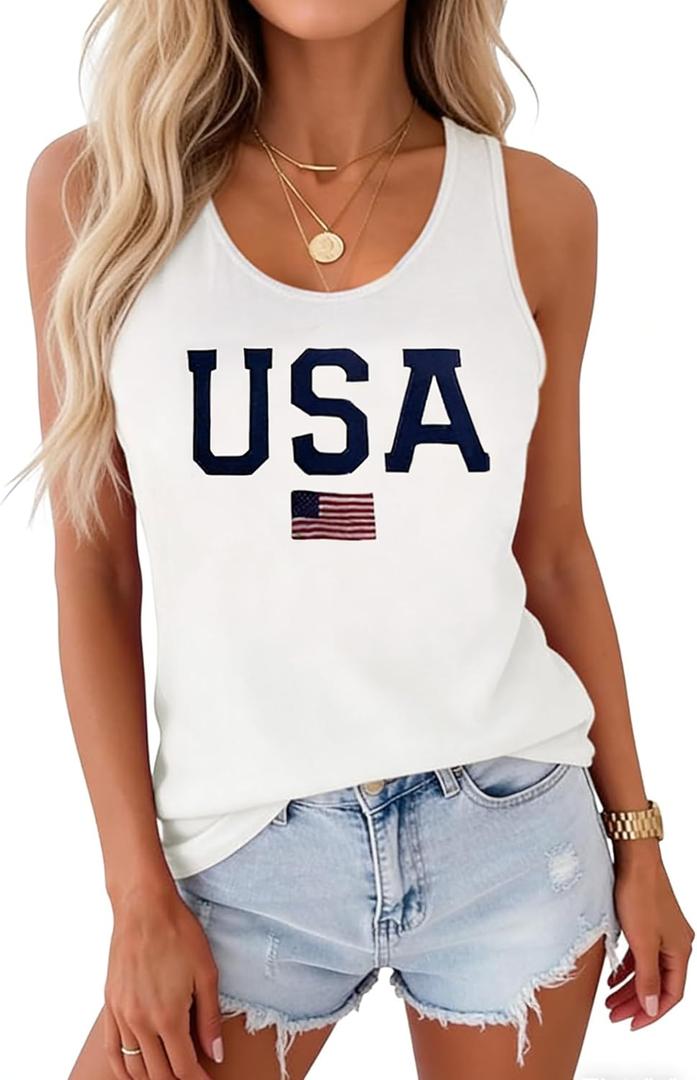 Women's American Flag Racerback Tank Top Patriotic 4th of July Sleeveless Casual Vest (White, M)