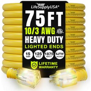 75ft Outdoor/Indoor Extension Cord 10/3 Gauge Ultra Heavy Duty 3 Prong SJTW, Waterproof, ETL Listed, Flexible Cold-Resistant Long Power Cord,15A 125V 1875W, Yellow by LifeSupplyUSA