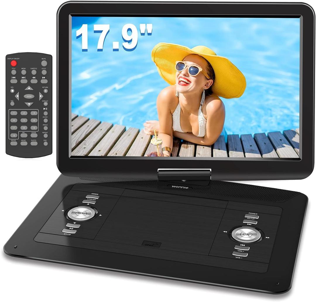 WONNIE 17.9" Portable DVD Player with 15.4" Large HD Swivel Screen, 6 Hours Rechargeable Battery, DVD Player Portable Support MP4, MKV Video & USB/SD Card/Sync TV, High Volume Speaker, All Regions