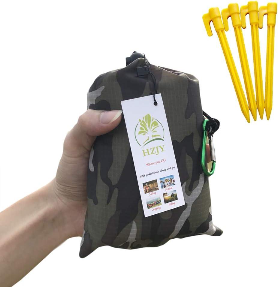 Outdoor Blanket (71" x 55") -Compact, Lightweight, Sand Proof Pocket Blanket Best Mat for The Beach, Hiking, Travel, Camping, Festivals with Pockets, Loops, Stakes, Carabiner (White Green Camouflage)