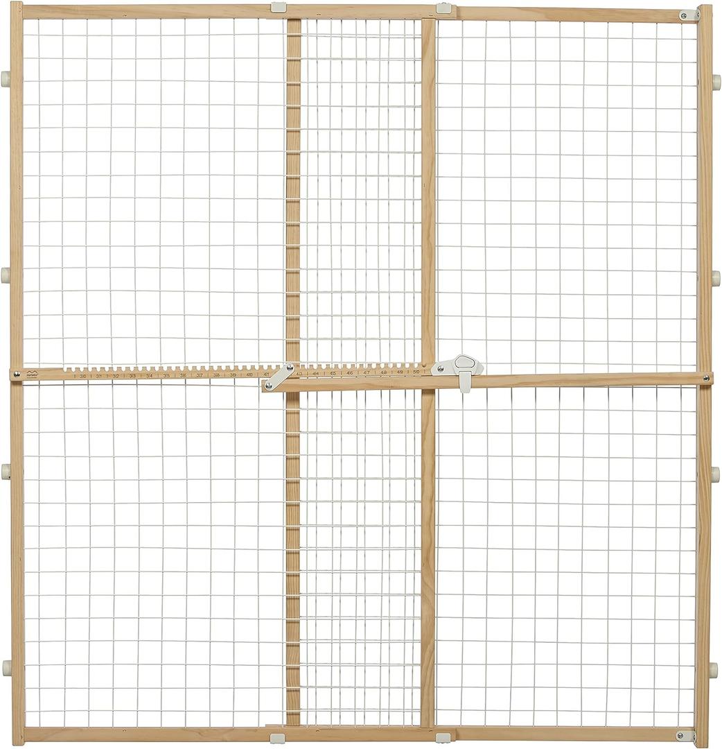 MidWest Homes for Pets Wire Mesh Pet Safety Gate, Pressure Mounted Dog Gate Measures 44 Inches Tall & Expands to 29-50 Inches Wide, Natural Wood & White Powder Coated Wire Mesh (Large)