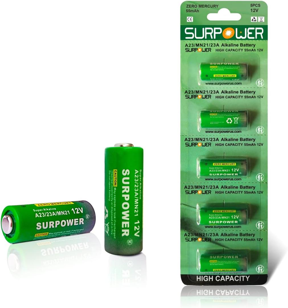 5-Year WarrantySURPOWER A23 23A 23AE 12v Alkaline Battery A23s -5 Pack