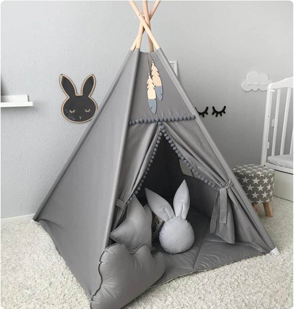 Kids Teepee Tent with White Pom Pom - Indoor Play Teepee for Children Boys Portable Play House (Grey)