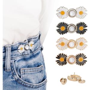 TOOVREN Pant Waist Tightener, Detachable Jean Buttons for Loose Jeans, No Sew and No Tools Button Pins for Jeans, Adjustable Jean Buttons Pins, Daisy Flower Instant Pants Button Tightener 4 Sets