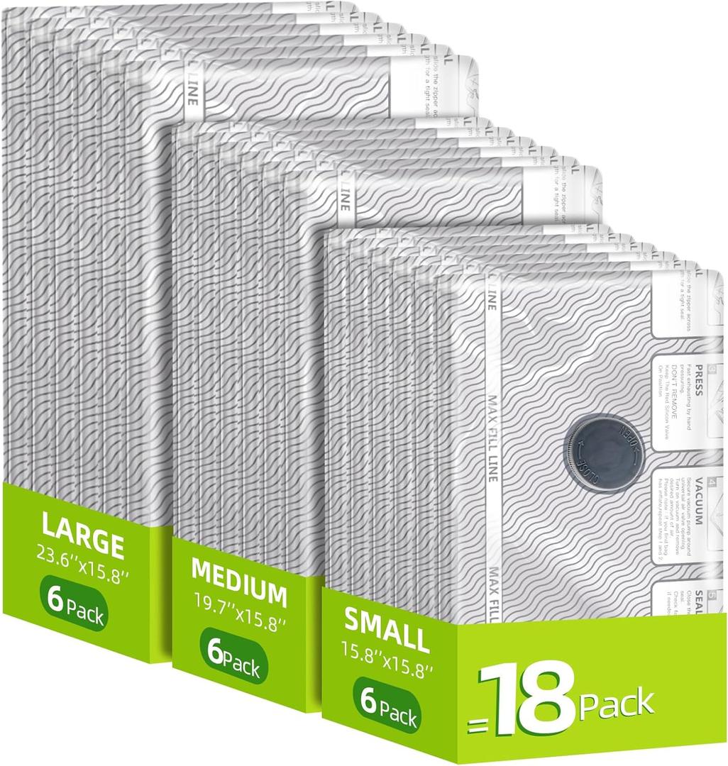 18 Pack Travel Vacuum Bags for Clothing,Compression Seal Packing Cubes for Suitcase Backpack,Vacuum Seal Bags for Clothing,Carry-on Size Space Saver Storage Bags 80% for Travel & HomeNo pump