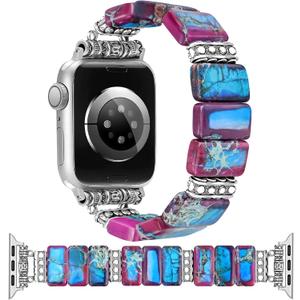 Beaded Natural Stone Bracelet Band Women Compatible with Apple Watch 42(S3/2/1) 44/45/46/49mm Boho Elastic Western Vintage Imperial Stone Strap for iWatch Series 11/10/9/8/7/6/5/4/SE/Ultra