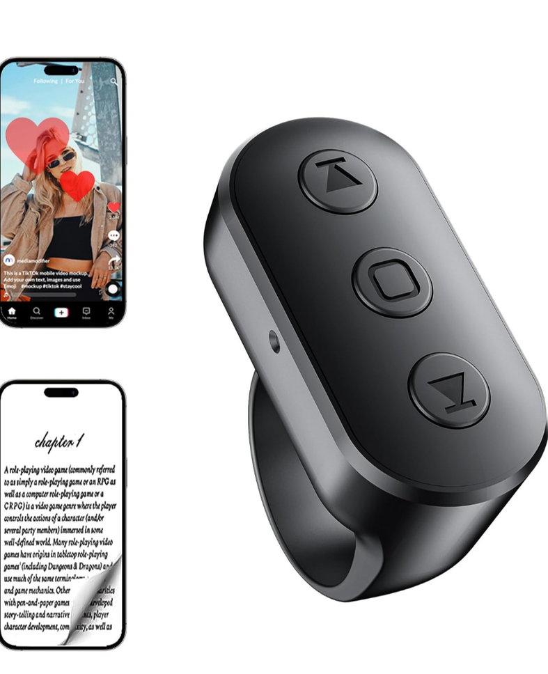 Scrolling Ring Remote for TikTok YouTube Instagram Shorts Video, Scroller Page Turner Clicker for Kindle APP Compatible with iPhone iPad Android Phone, Remote Shutter Control for Phone Camera