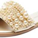 FUNKYMONKEY Women's Black Pearl Slide Sandals Flat Slip-On Open Toe Summer Beach Shoes Elegant Beaded Dressy Mules for Wedding, Party & Casual Wear, Size 8