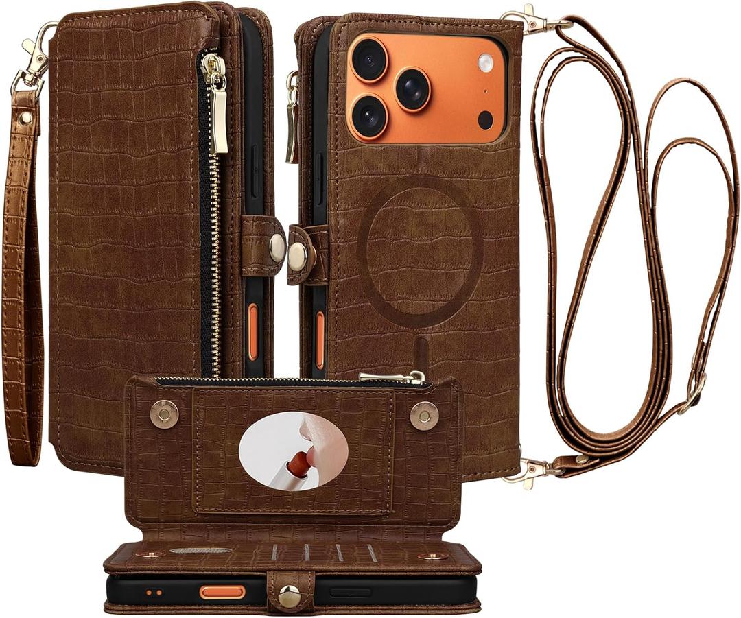 Crossbody Wallet Case for iPhone 17 Pro Max with Mirror, Wrist Strap, Zipper Purse Magnetic Flip, RFID Blocking Card Holder, Wireless Charging, PU Leather Shockproof 6.9" Women (Brown)