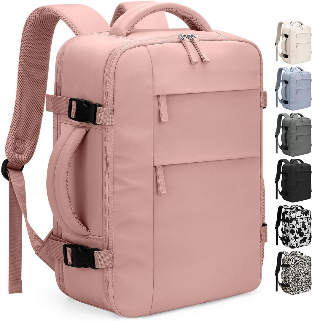 Pritent Travel Backpack for Women Man, Waterproof Personal Item Travel Bag Airline Approved Laptop Backpack Bookbag Weekender bags for Business,Travel, Work Fits 15.6 inch Laptop(Medium,Pink)