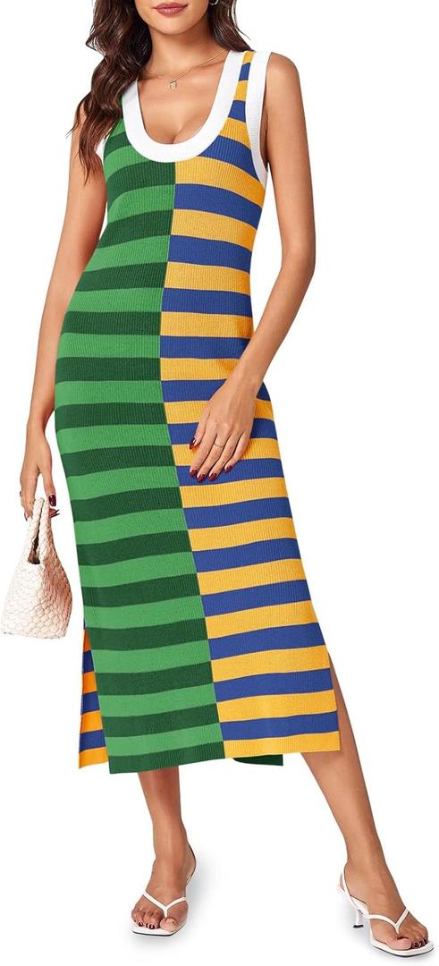 Wenrine Womens Summer Striped Dress Sleeveless Knitted Contrast Color Side Slit Casual Maxi Beach Dress (Small, Green)